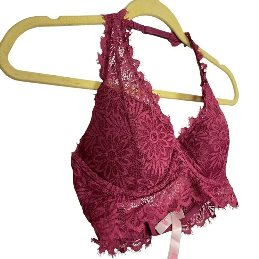 VICTORIA'S SECRET Pink Lace Floral Halter Lightly Lined BRALETTE Bra Underwire S
